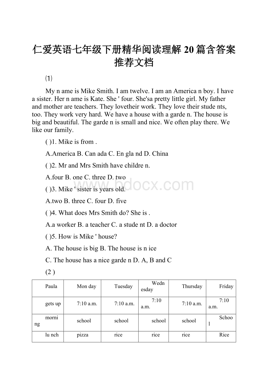 仁爱英语七年级下册精华阅读理解20篇含答案推荐文档.docx_第1页