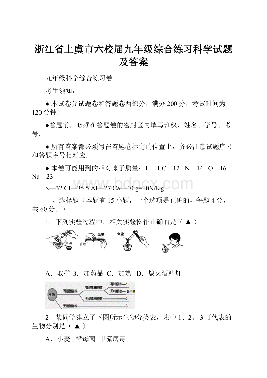 浙江省上虞市六校届九年级综合练习科学试题及答案.docx_第1页