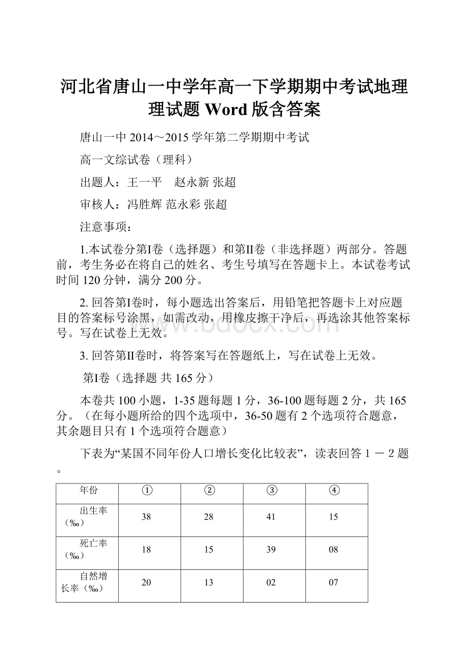 河北省唐山一中学年高一下学期期中考试地理理试题Word版含答案.docx_第1页