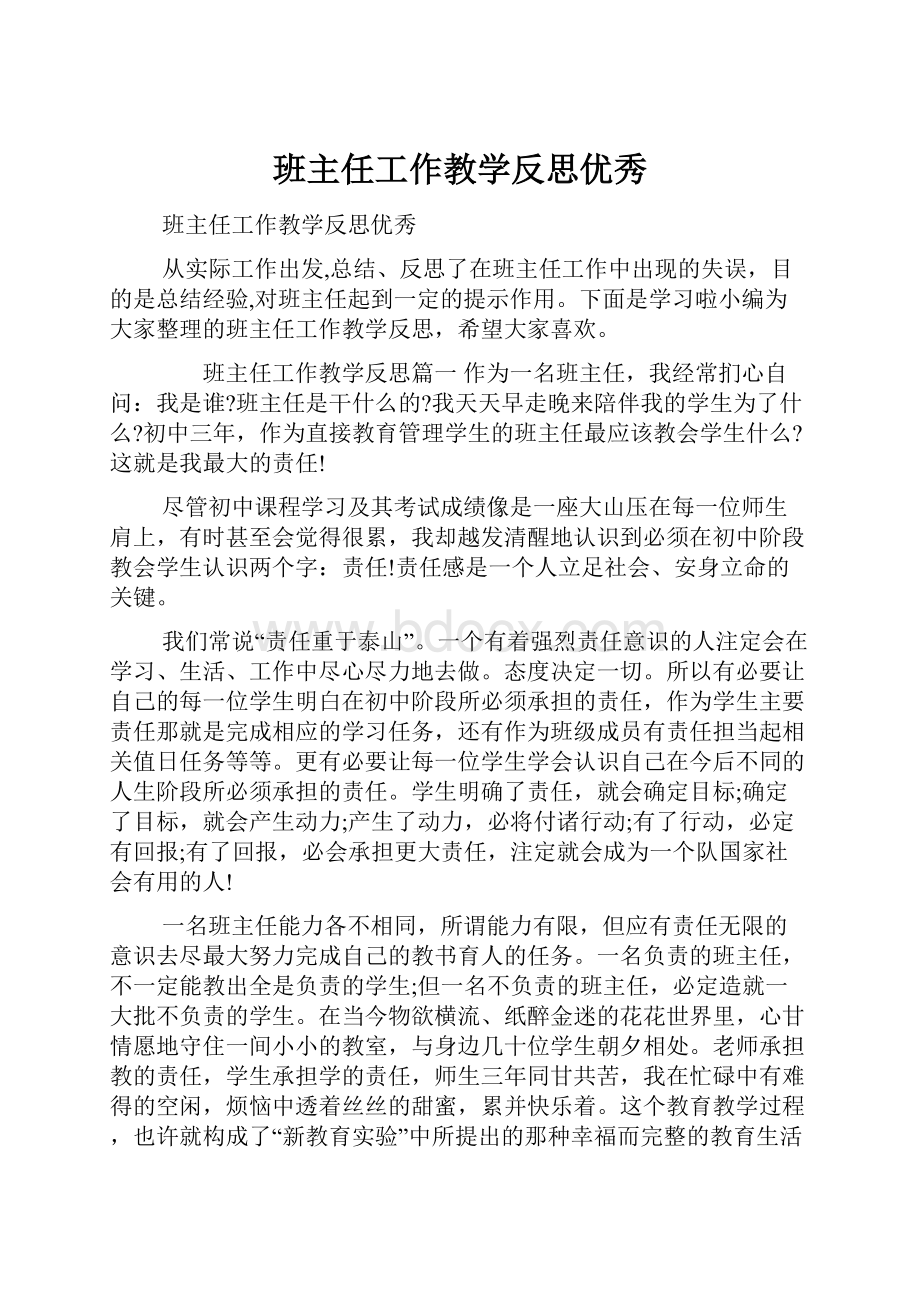 班主任工作教学反思优秀.docx