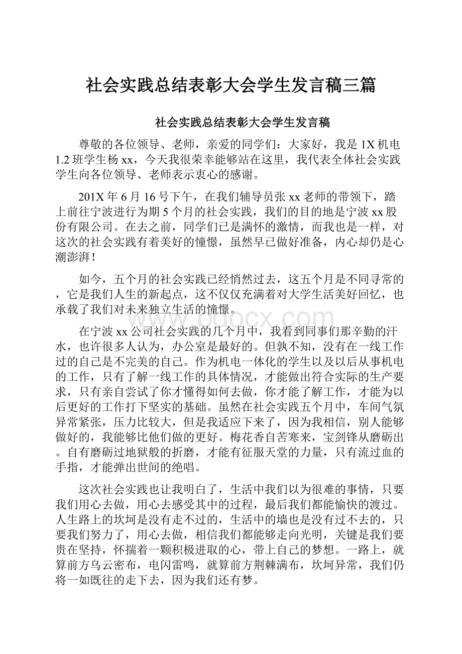 社会实践总结表彰大会学生发言稿三篇.docx