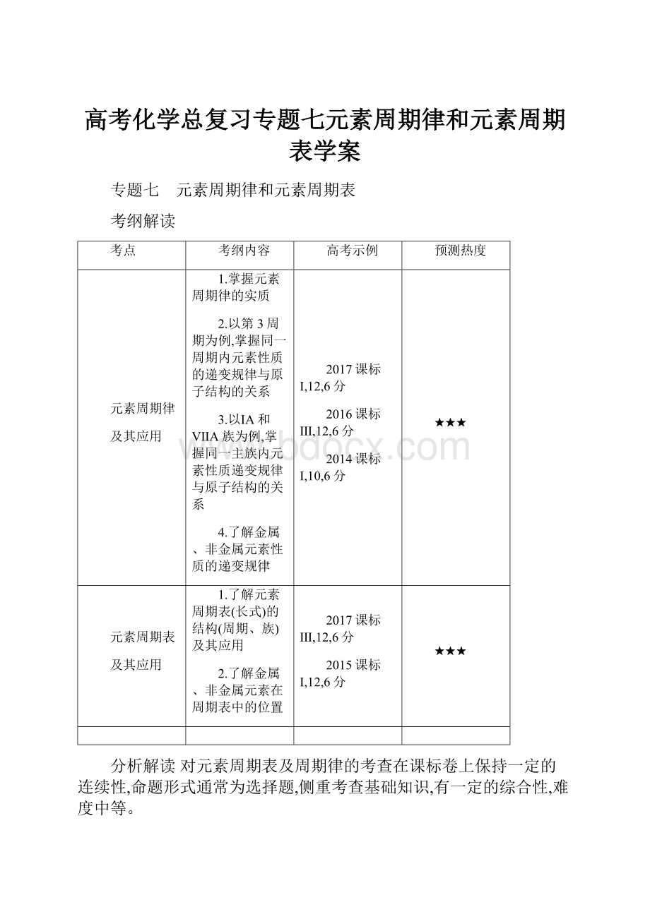 高考化学总复习专题七元素周期律和元素周期表学案.docx_第1页