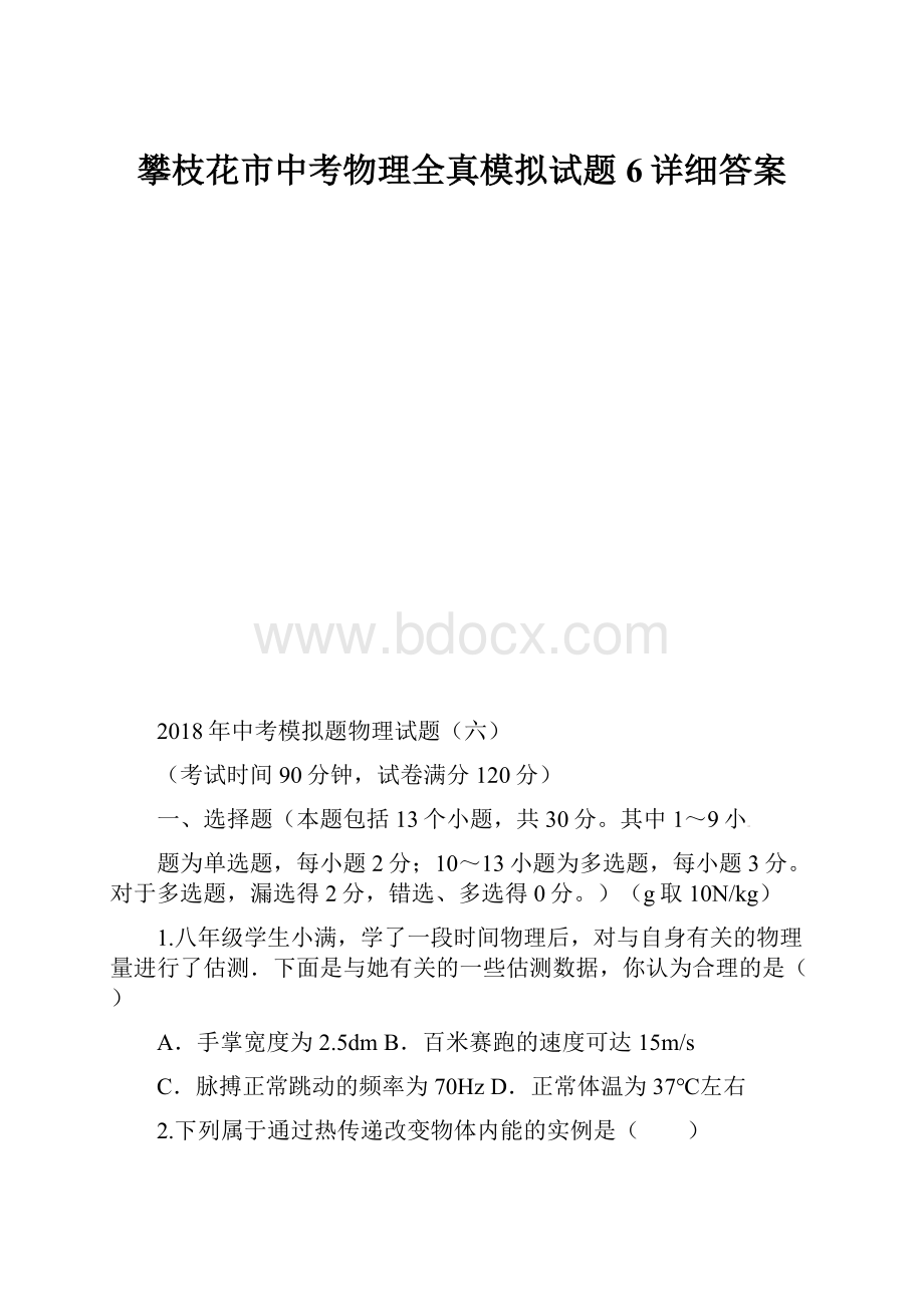 攀枝花市中考物理全真模拟试题6详细答案.docx