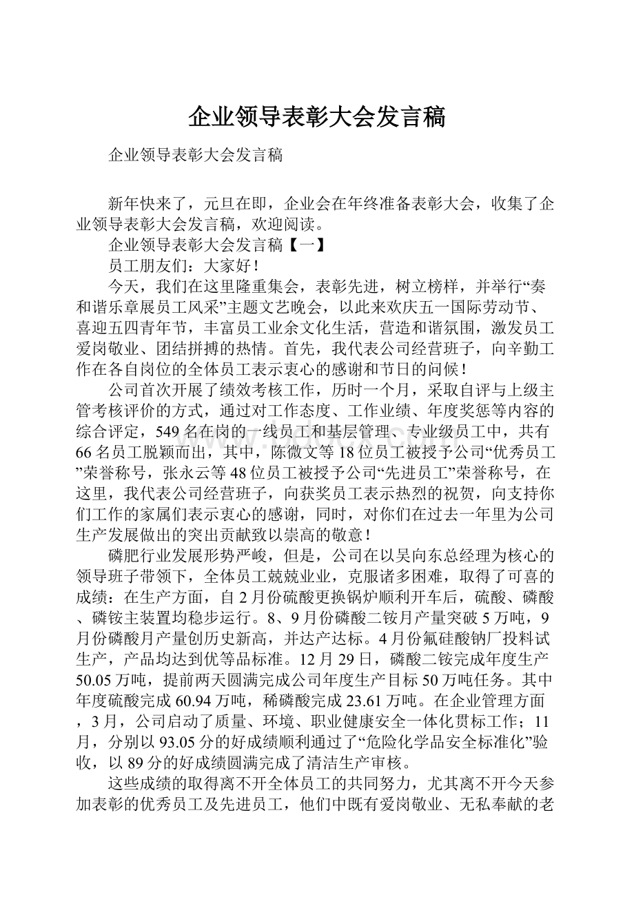 企业领导表彰大会发言稿.docx_第1页