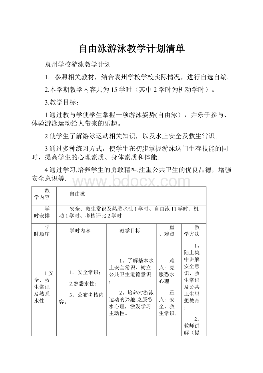 自由泳游泳教学计划清单.docx