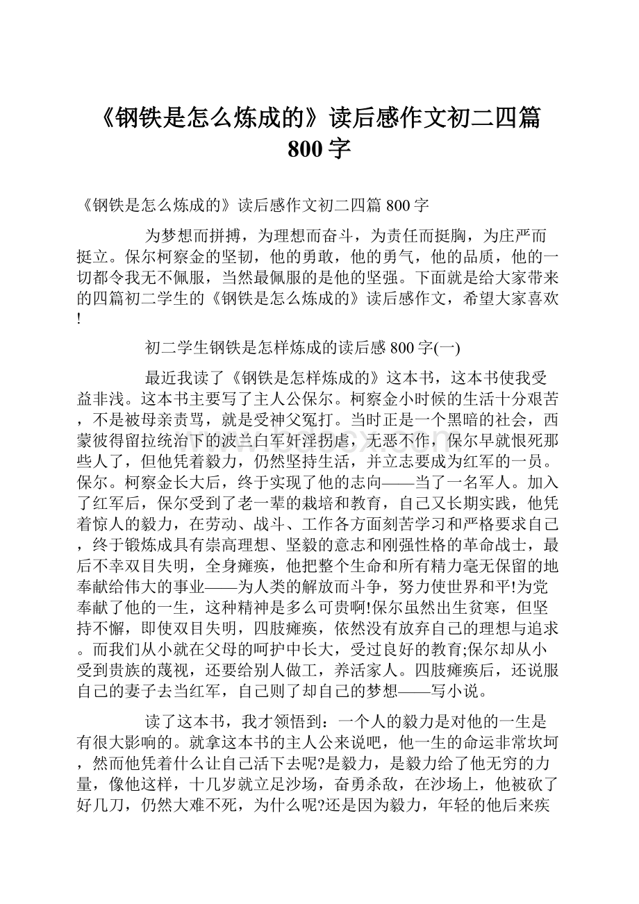 《钢铁是怎么炼成的》读后感作文初二四篇800字.docx_第1页