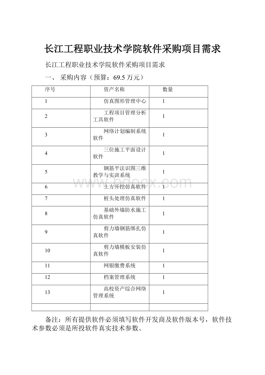 长江工程职业技术学院软件采购项目需求.docx