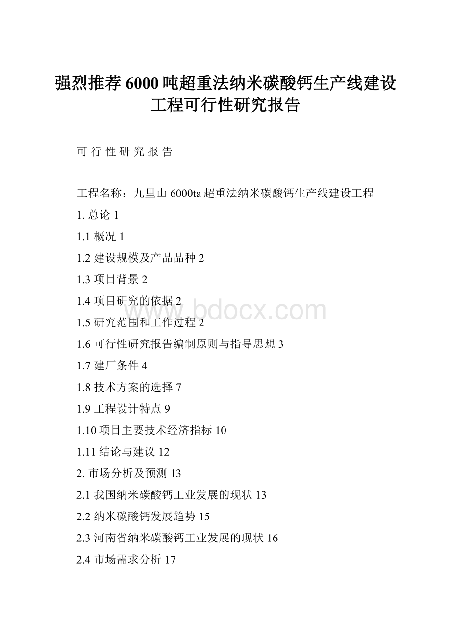 强烈推荐6000吨超重法纳米碳酸钙生产线建设工程可行性研究报告.docx