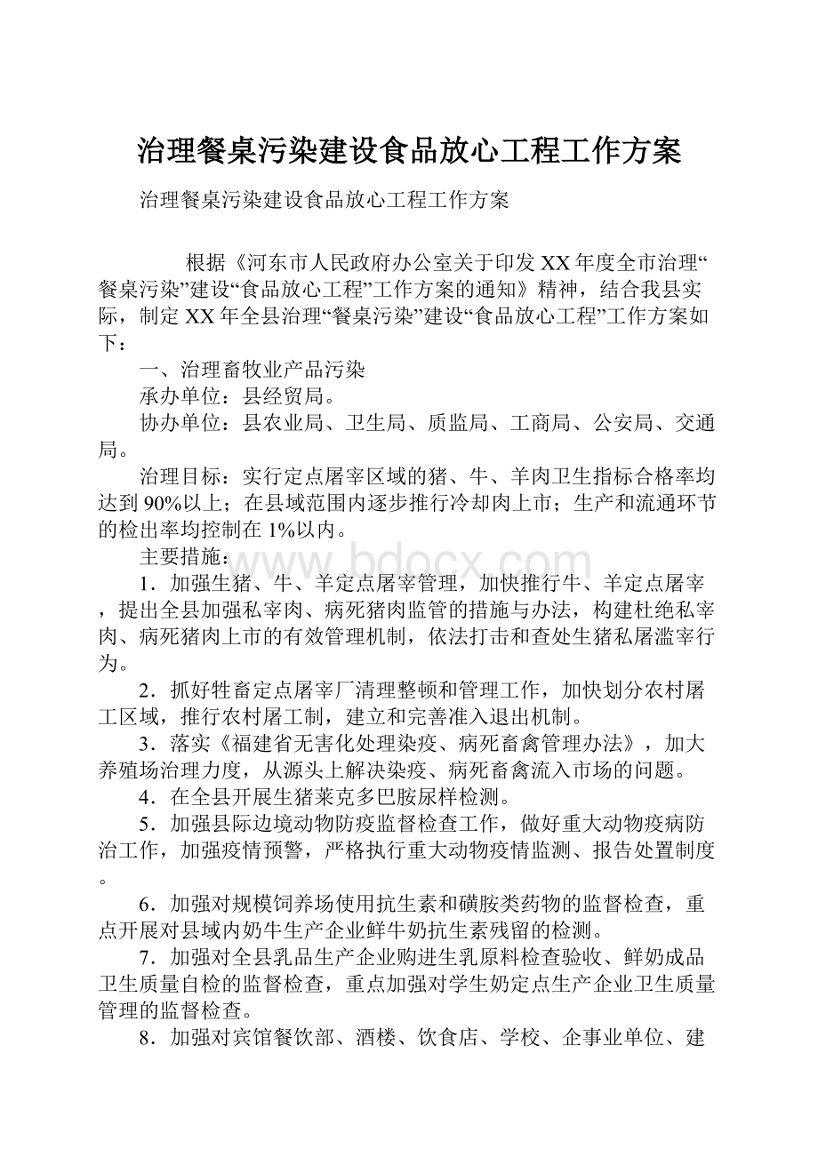 治理餐桌污染建设食品放心工程工作方案.docx_第1页