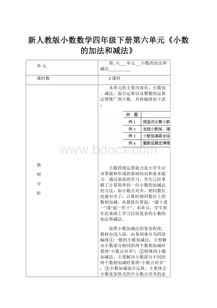 新人教版小数数学四年级下册第六单元《小数的加法和减法》.docx