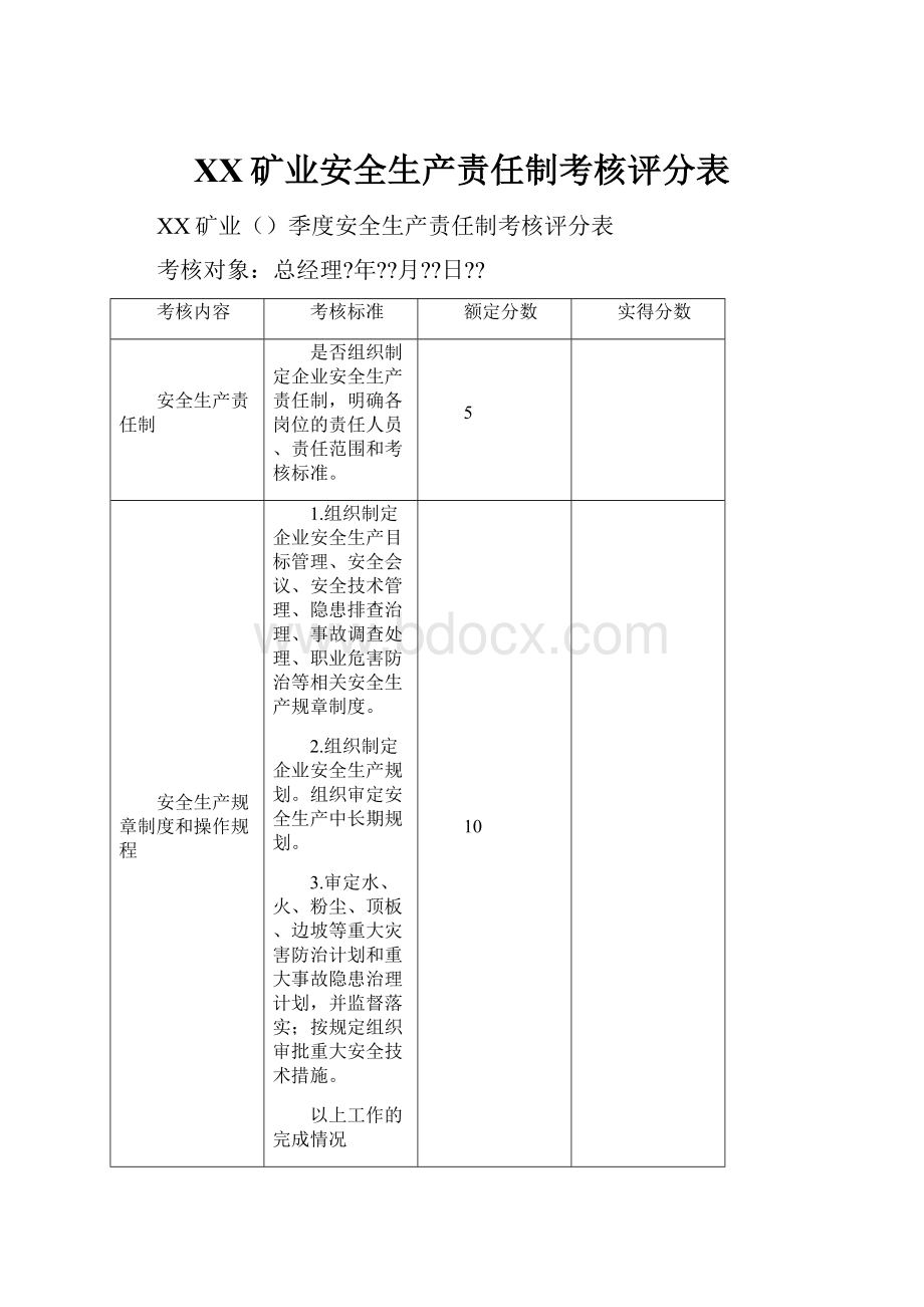 XX矿业安全生产责任制考核评分表.docx