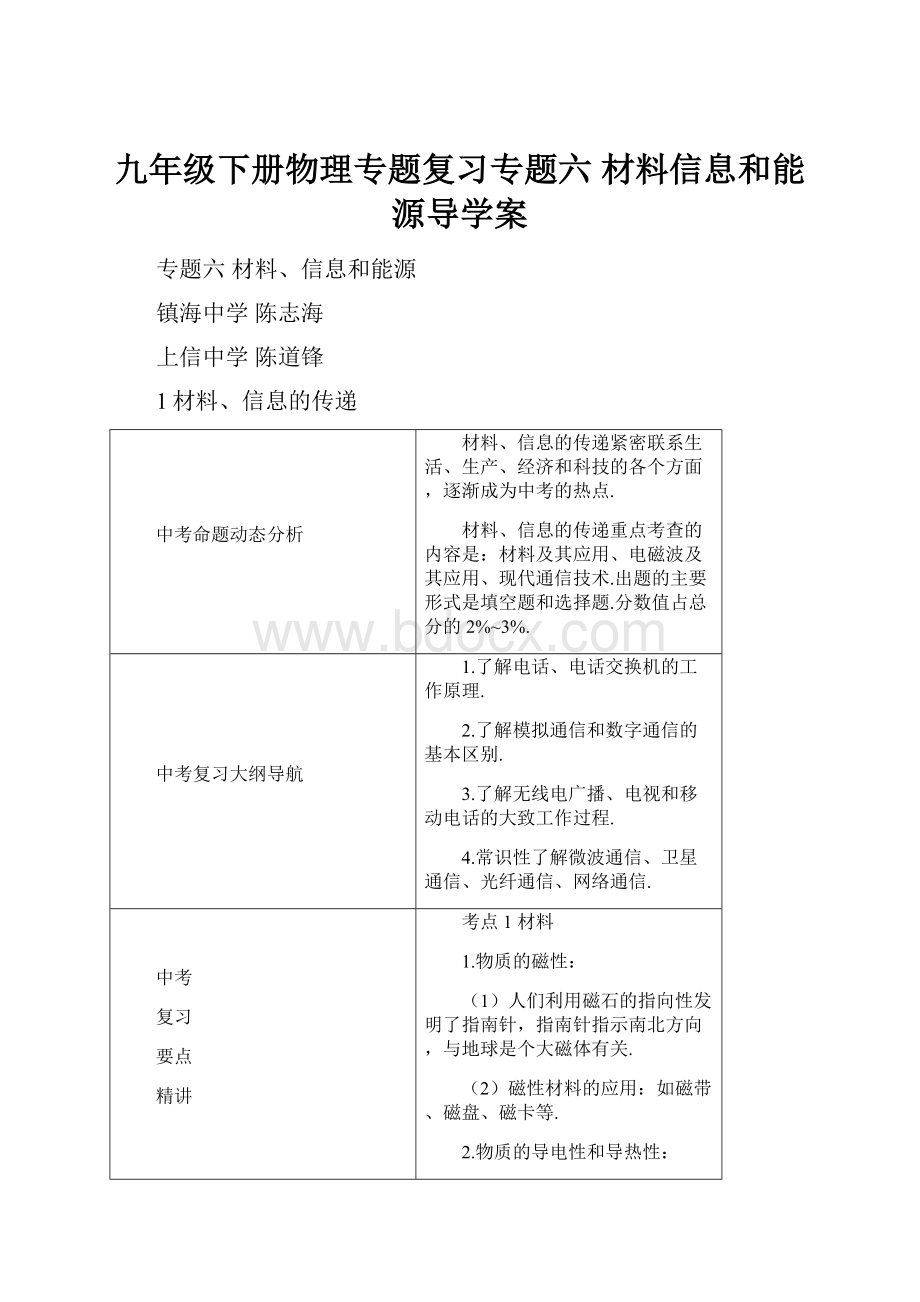 九年级下册物理专题复习专题六 材料信息和能源导学案.docx_第1页