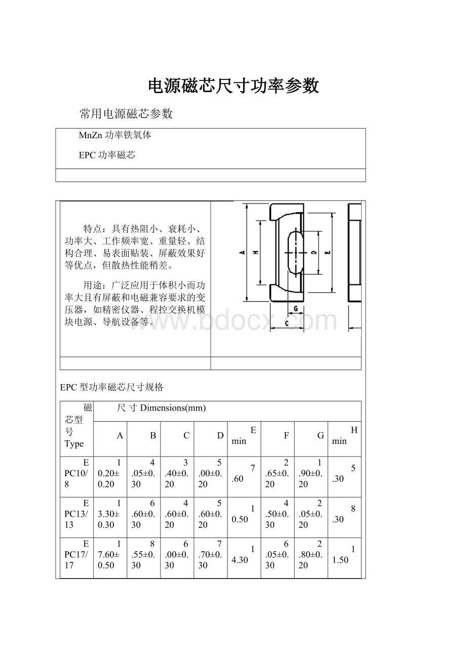 电源磁芯尺寸功率参数.docx