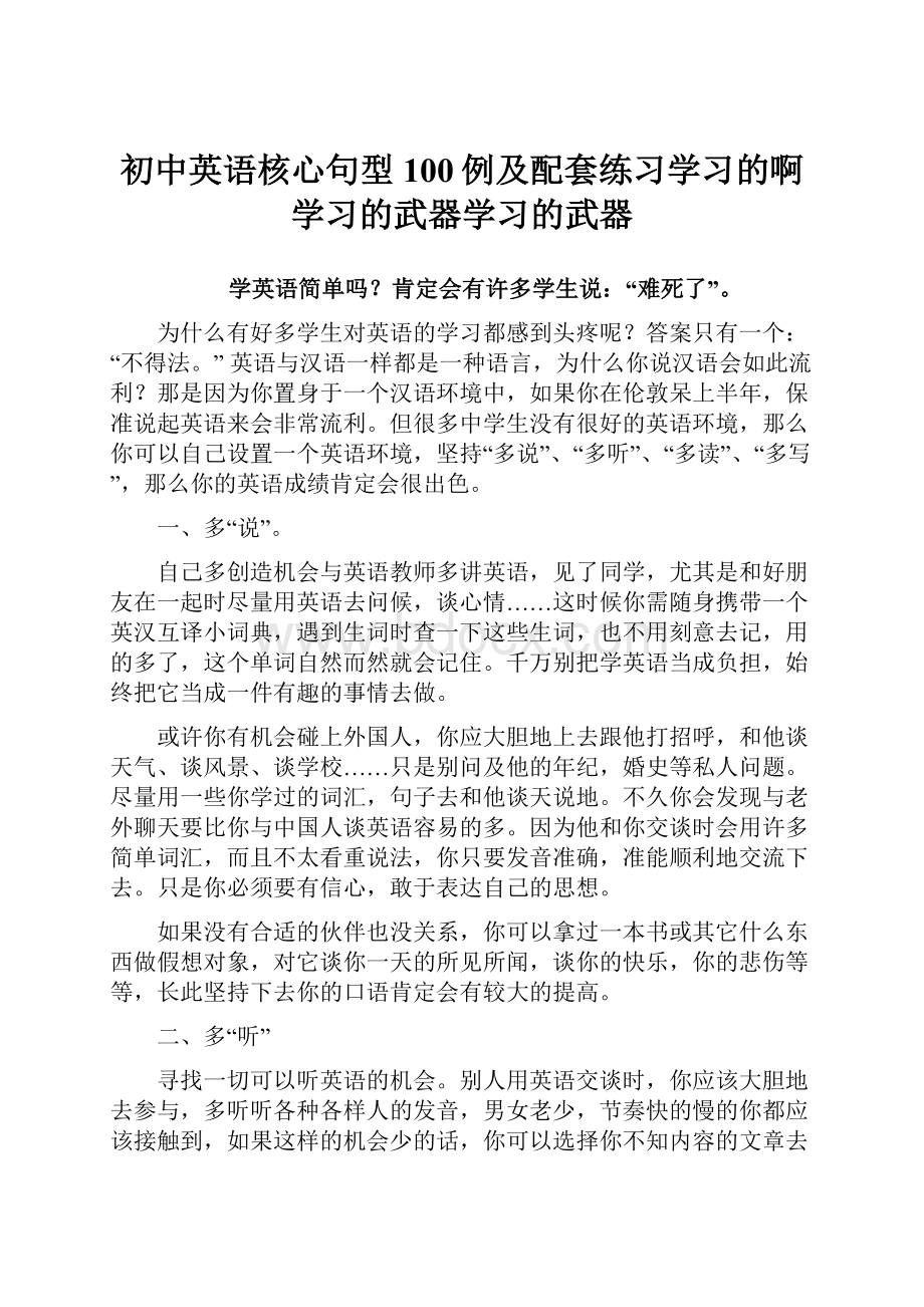 初中英语核心句型100例及配套练习学习的啊学习的武器学习的武器.docx