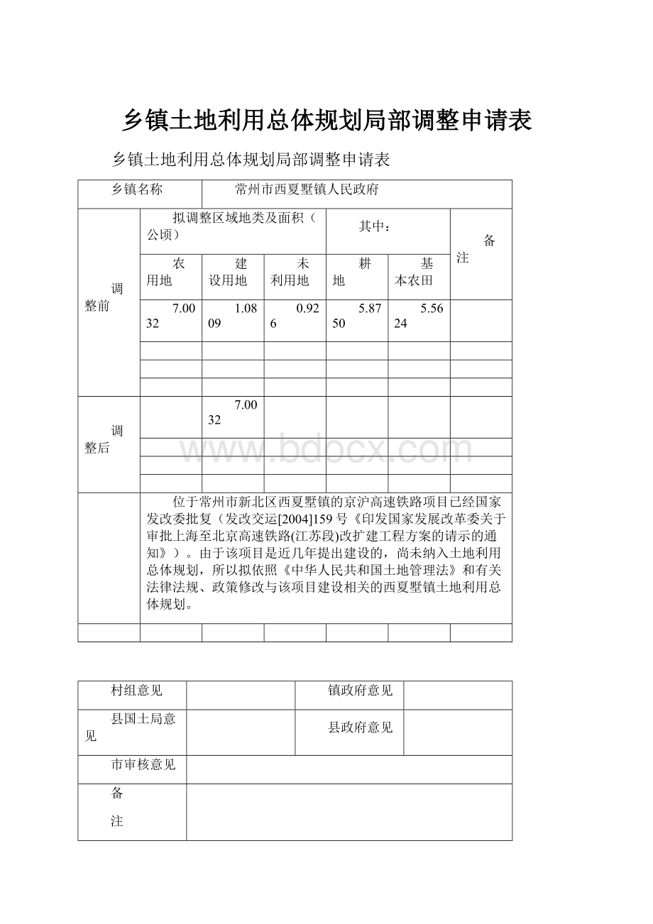 乡镇土地利用总体规划局部调整申请表.docx_第1页