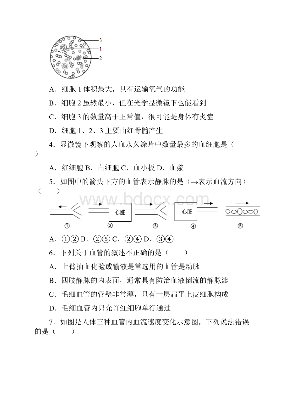 人教版七年级生物下册 第4章人体内物质的运输训练题含答案.docx_第2页