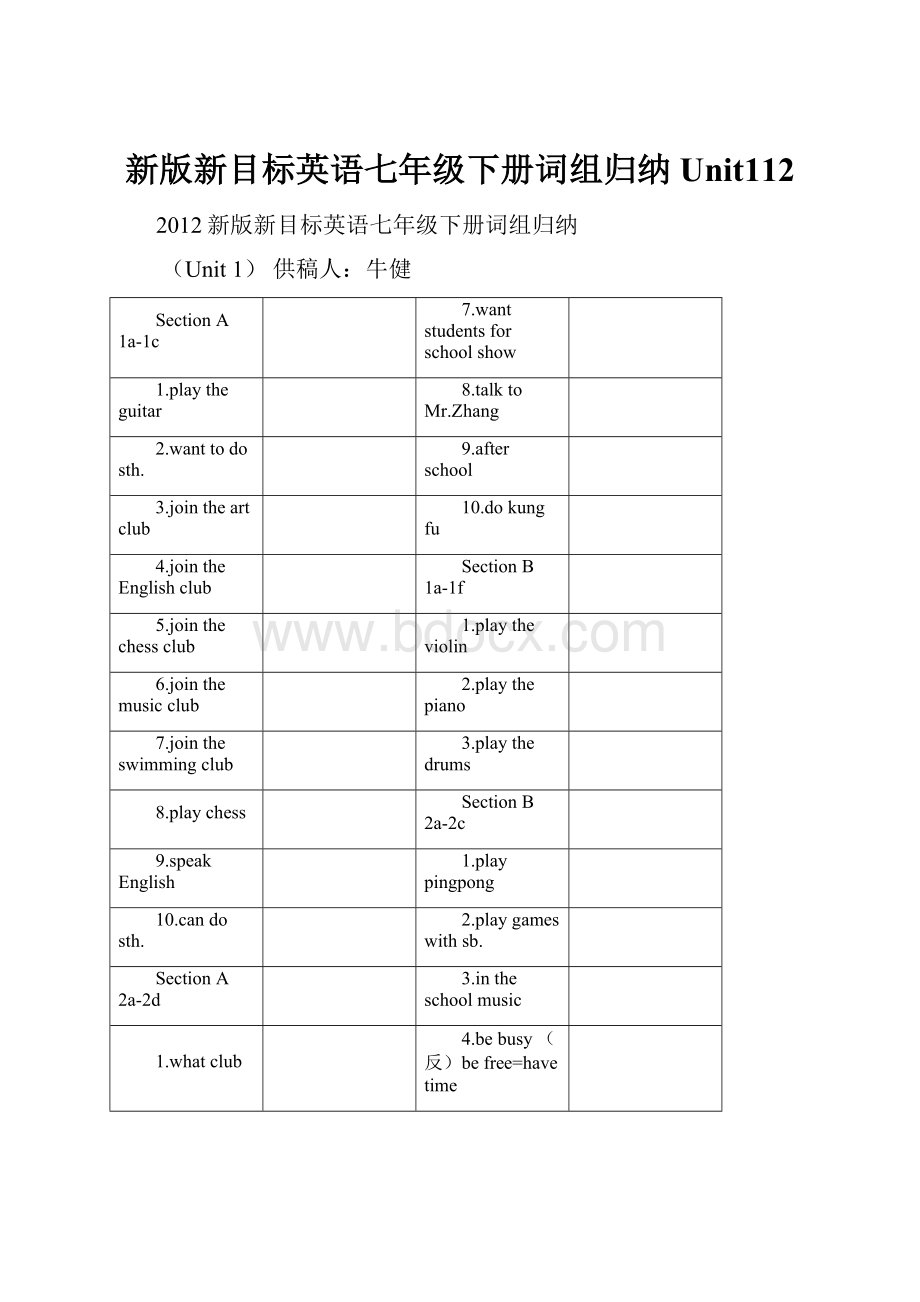 新版新目标英语七年级下册词组归纳Unit112.docx_第1页