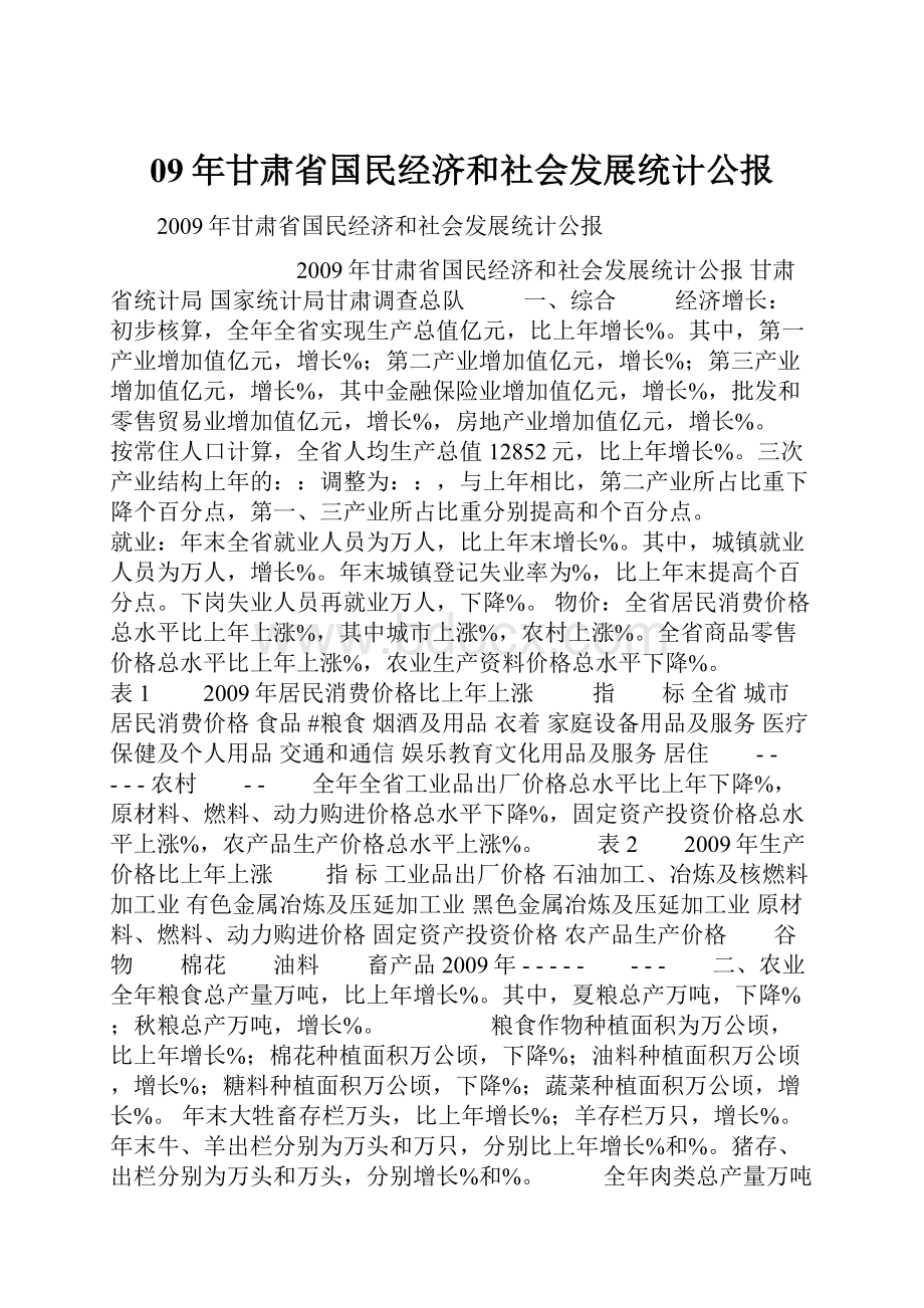 09年甘肃省国民经济和社会发展统计公报.docx