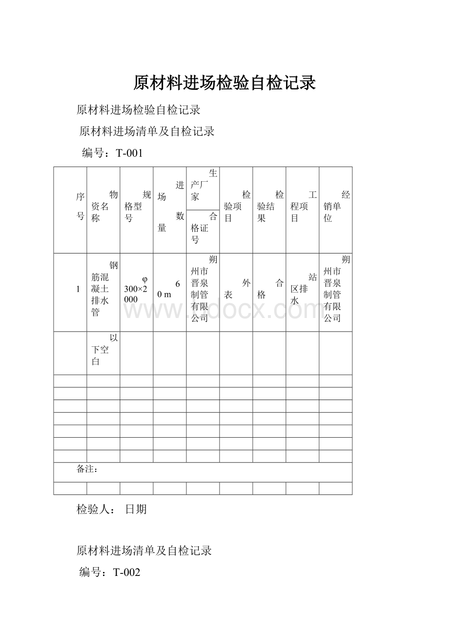 原材料进场检验自检记录.docx_第1页