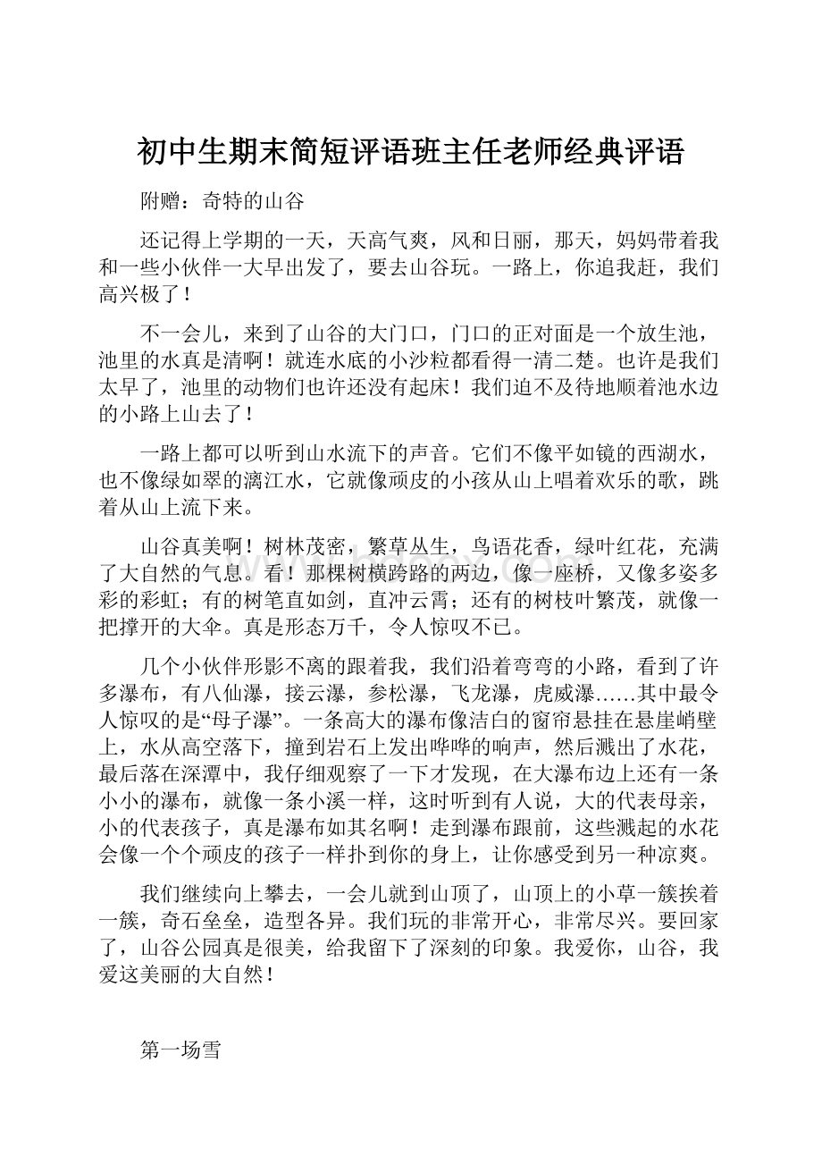 初中生期末简短评语班主任老师经典评语.docx_第1页