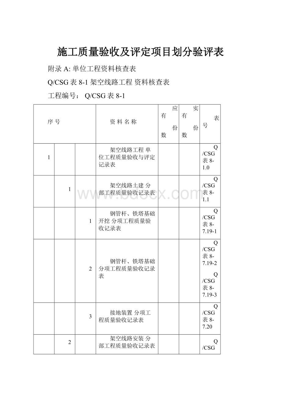 施工质量验收及评定项目划分验评表.docx