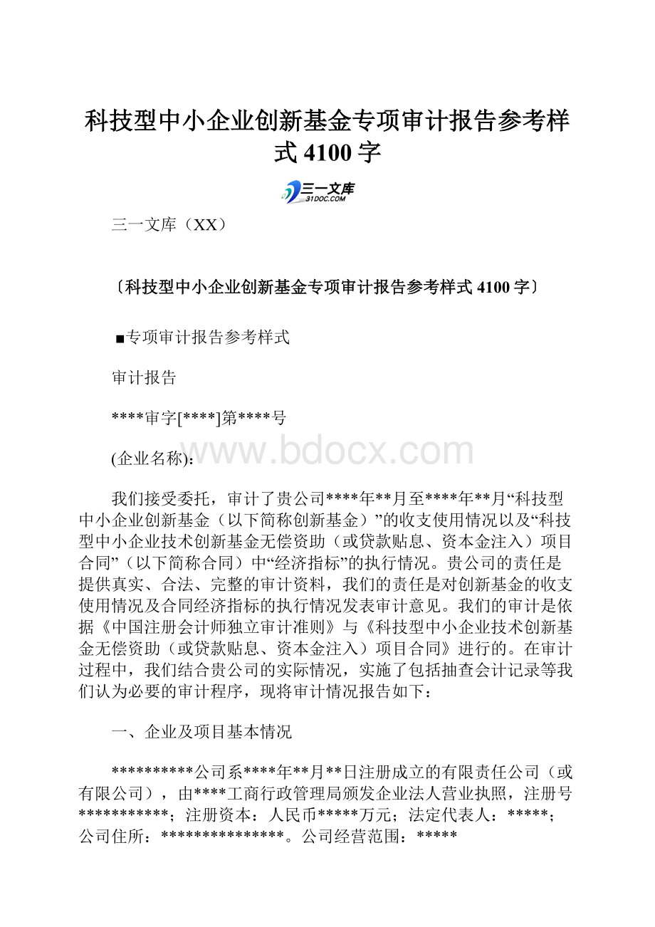 科技型中小企业创新基金专项审计报告参考样式 4100字.docx_第1页