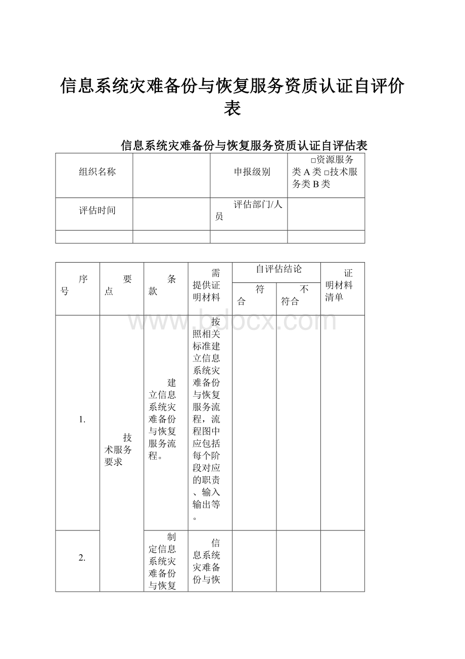 信息系统灾难备份与恢复服务资质认证自评价表.docx_第1页