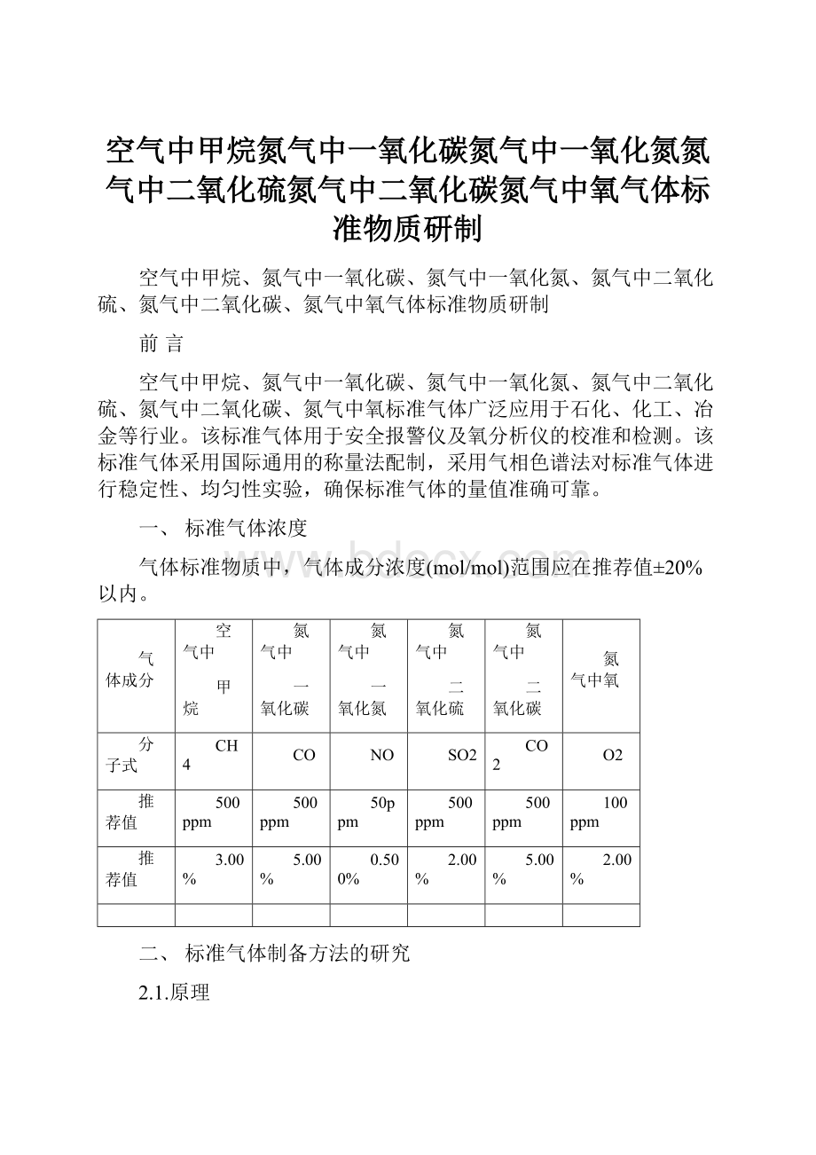 空气中甲烷氮气中一氧化碳氮气中一氧化氮氮气中二氧化硫氮气中二氧化碳氮气中氧气体标准物质研制.docx