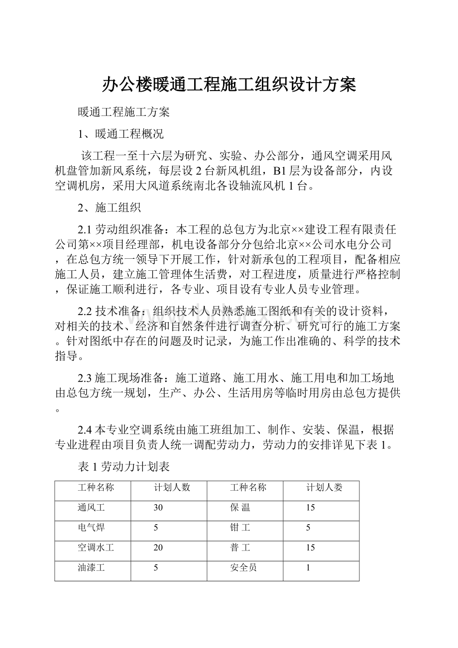 办公楼暖通工程施工组织设计方案.docx_第1页