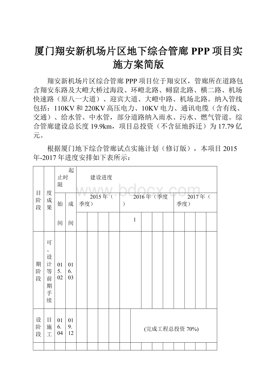 厦门翔安新机场片区地下综合管廊PPP项目实施方案简版.docx