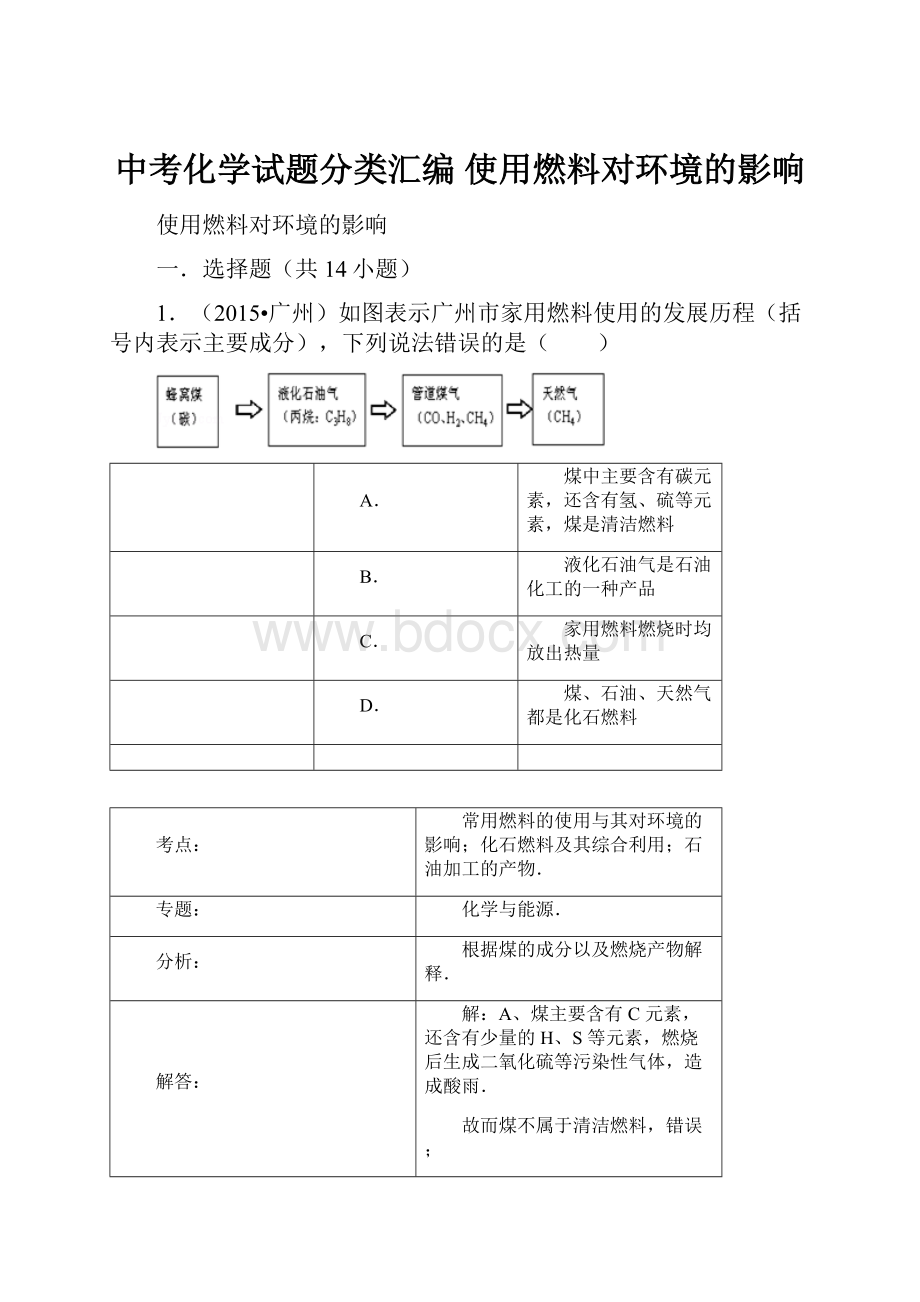 中考化学试题分类汇编 使用燃料对环境的影响.docx_第1页