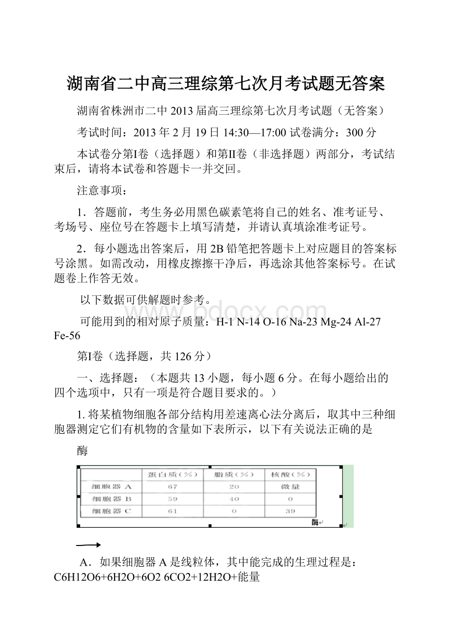 湖南省二中高三理综第七次月考试题无答案.docx_第1页