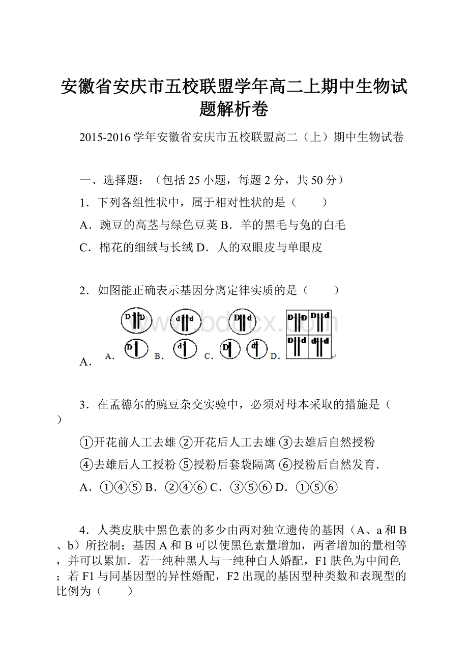 安徽省安庆市五校联盟学年高二上期中生物试题解析卷.docx_第1页