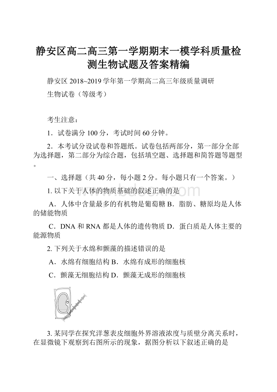 静安区高二高三第一学期期末一模学科质量检测生物试题及答案精编.docx_第1页