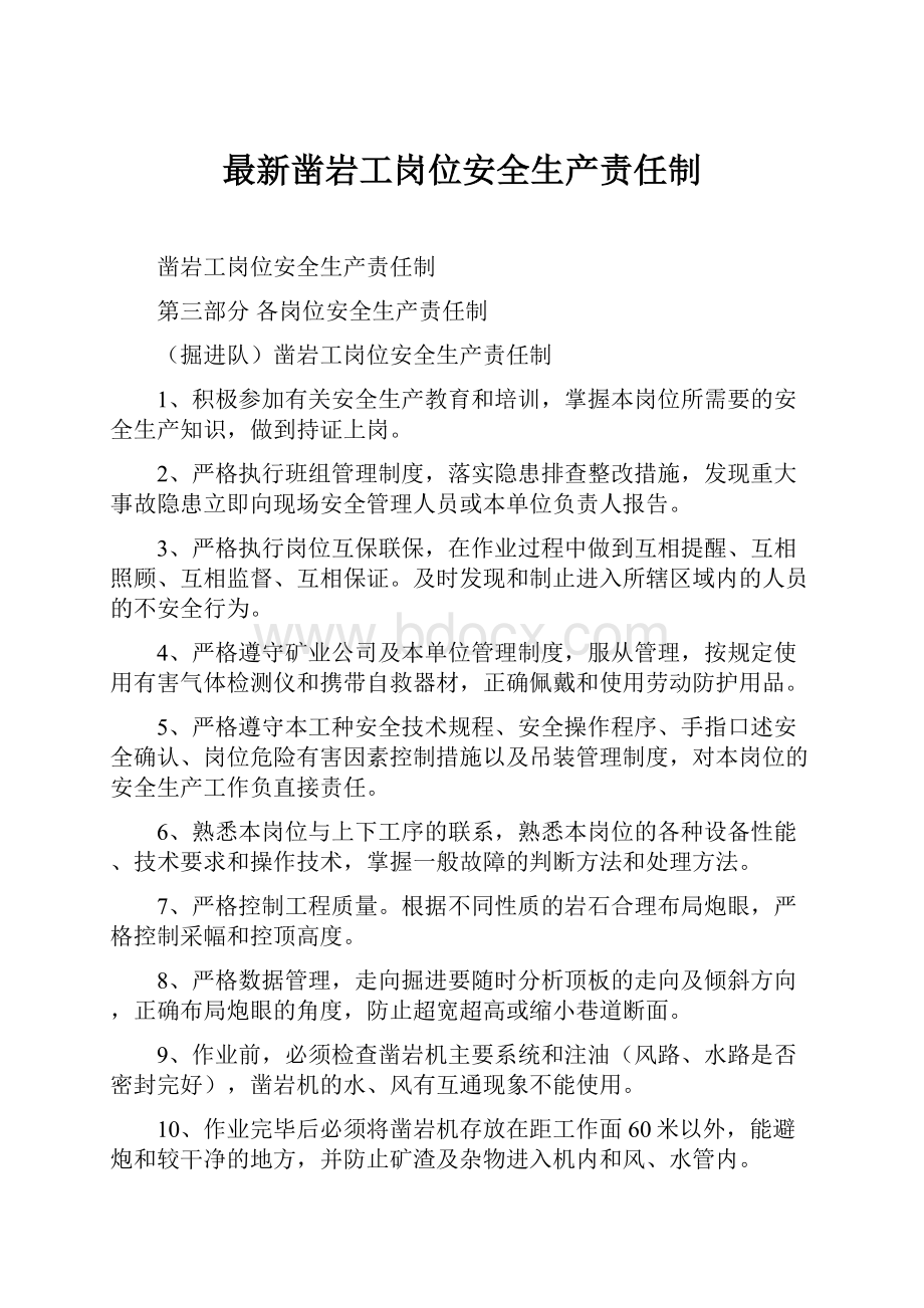 最新凿岩工岗位安全生产责任制.docx_第1页