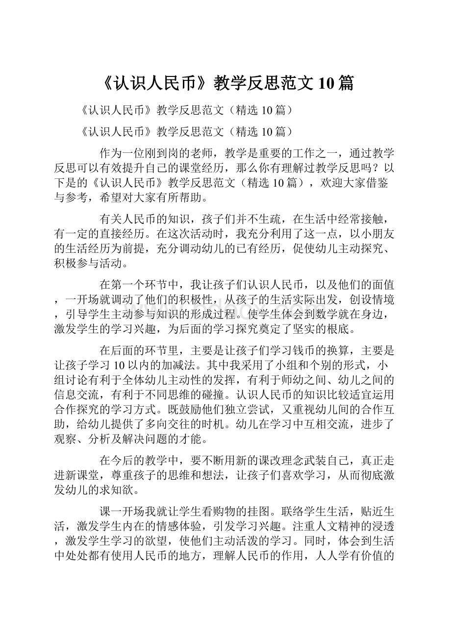 《认识人民币》教学反思范文10篇.docx