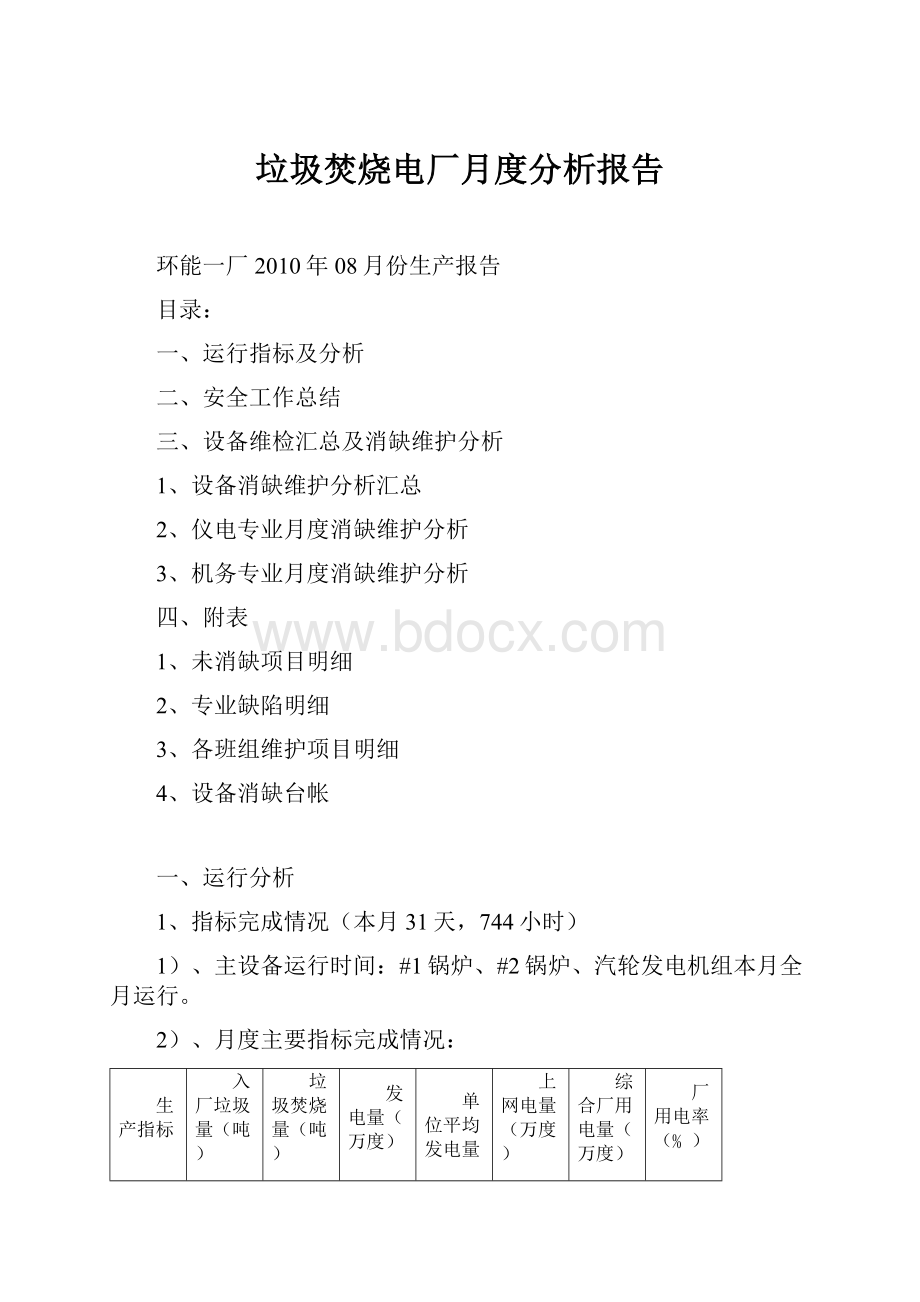 垃圾焚烧电厂月度分析报告.docx