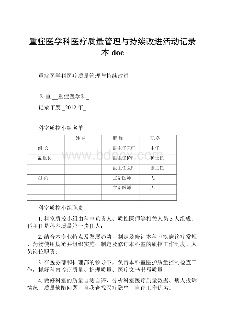 重症医学科医疗质量管理与持续改进活动记录本doc.docx_第1页