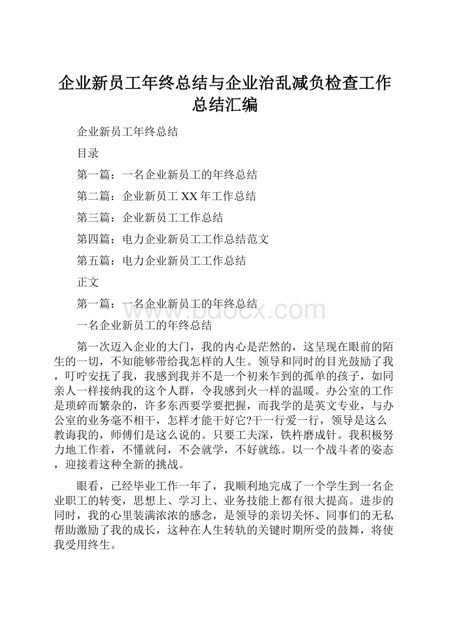 企业新员工年终总结与企业治乱减负检查工作总结汇编.docx_第1页