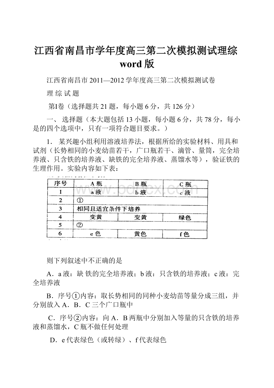 江西省南昌市学年度高三第二次模拟测试理综word版.docx