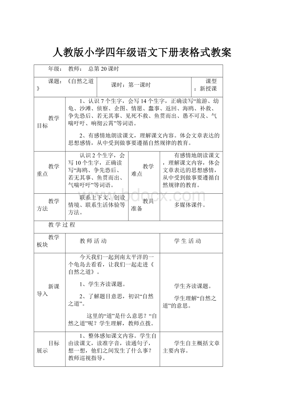 人教版小学四年级语文下册表格式教案.docx