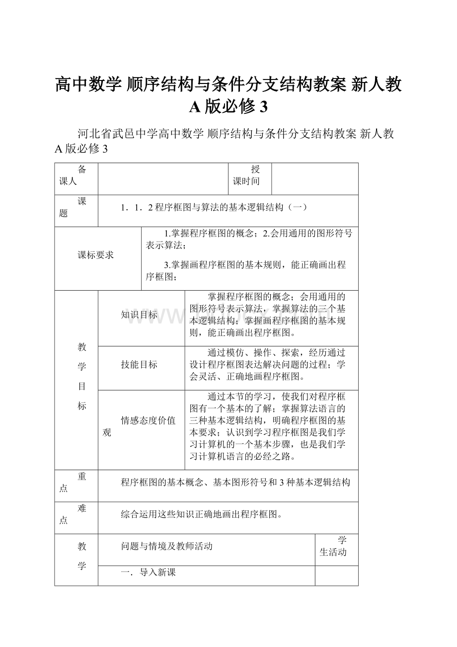 高中数学 顺序结构与条件分支结构教案 新人教A版必修3.docx_第1页