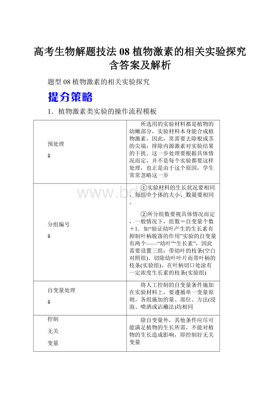 高考生物解题技法08 植物激素的相关实验探究含答案及解析.docx_第1页