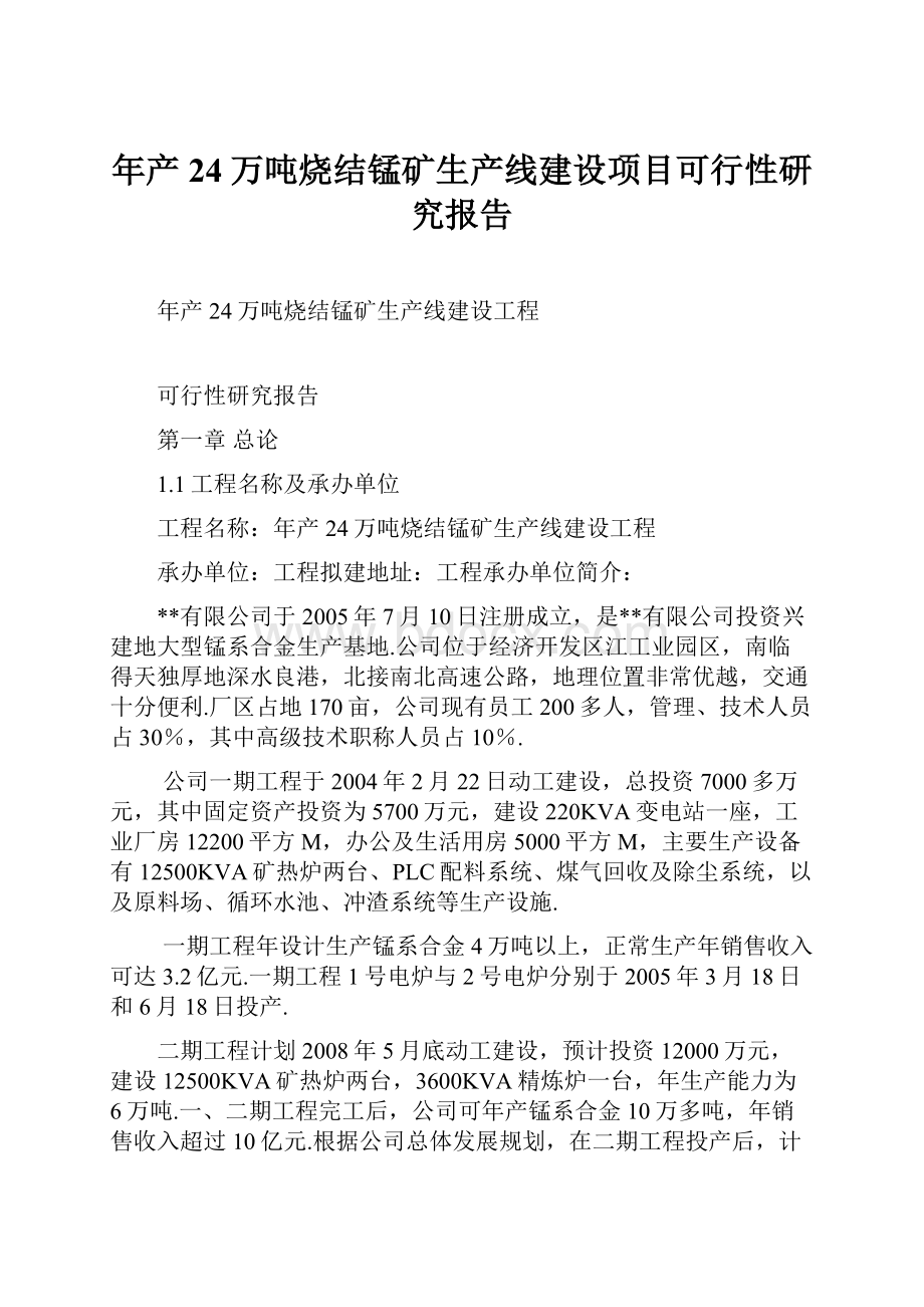 年产24万吨烧结锰矿生产线建设项目可行性研究报告.docx