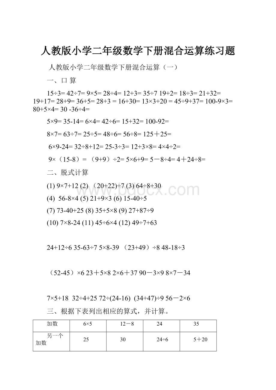 人教版小学二年级数学下册混合运算练习题.docx