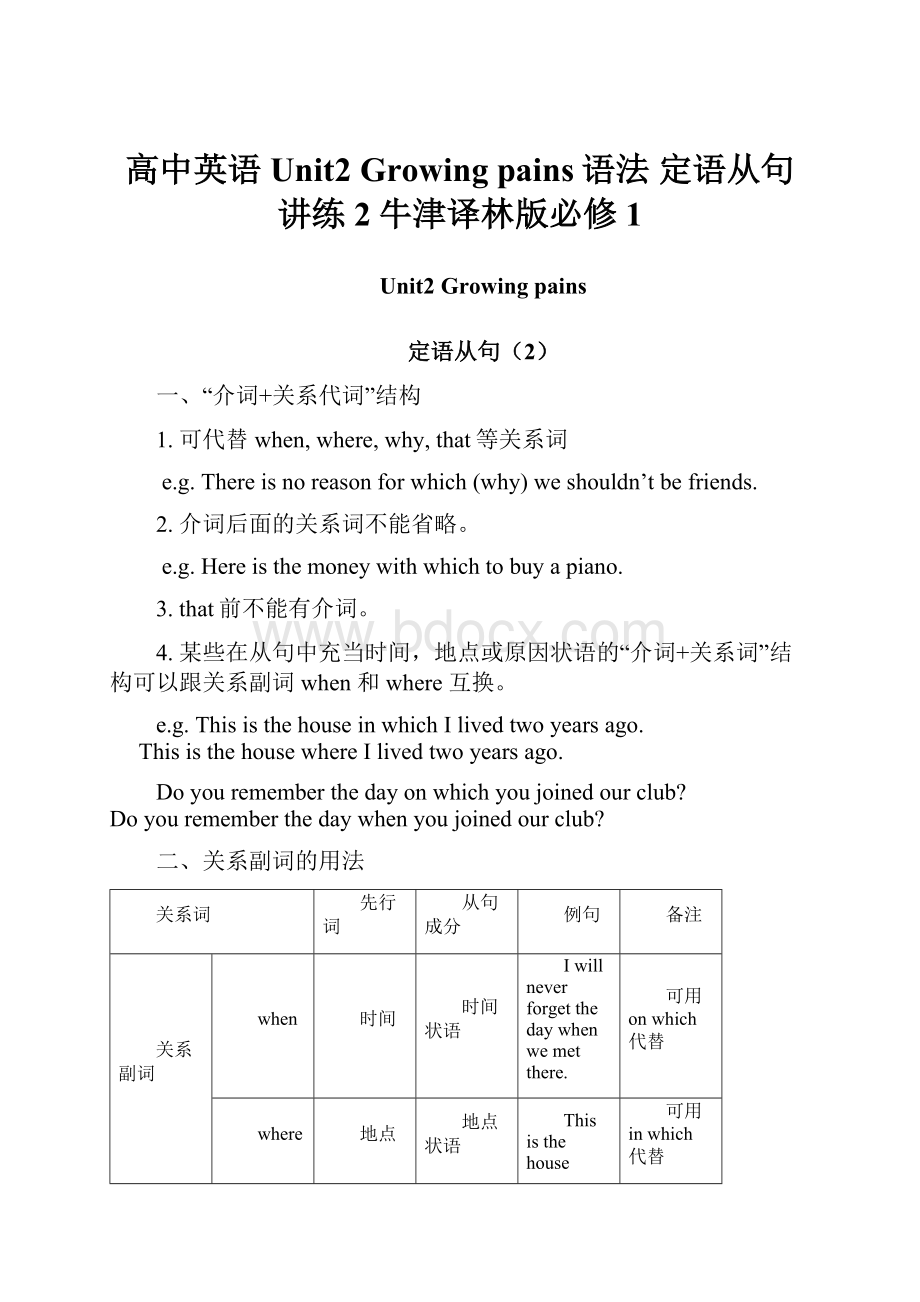 高中英语 Unit2 Growing pains语法 定语从句讲练2牛津译林版必修1.docx