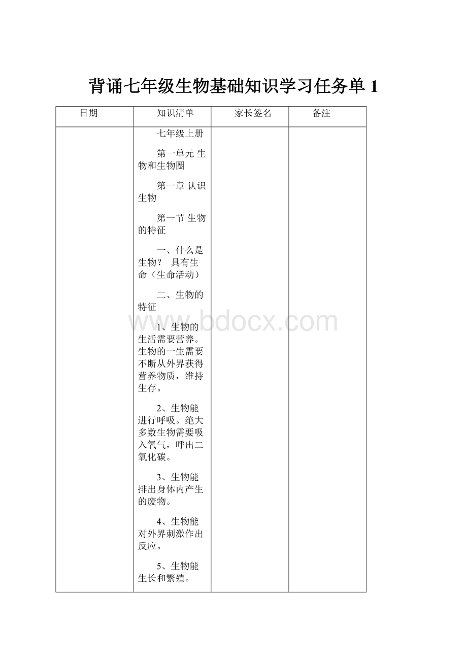 背诵七年级生物基础知识学习任务单1.docx_第1页