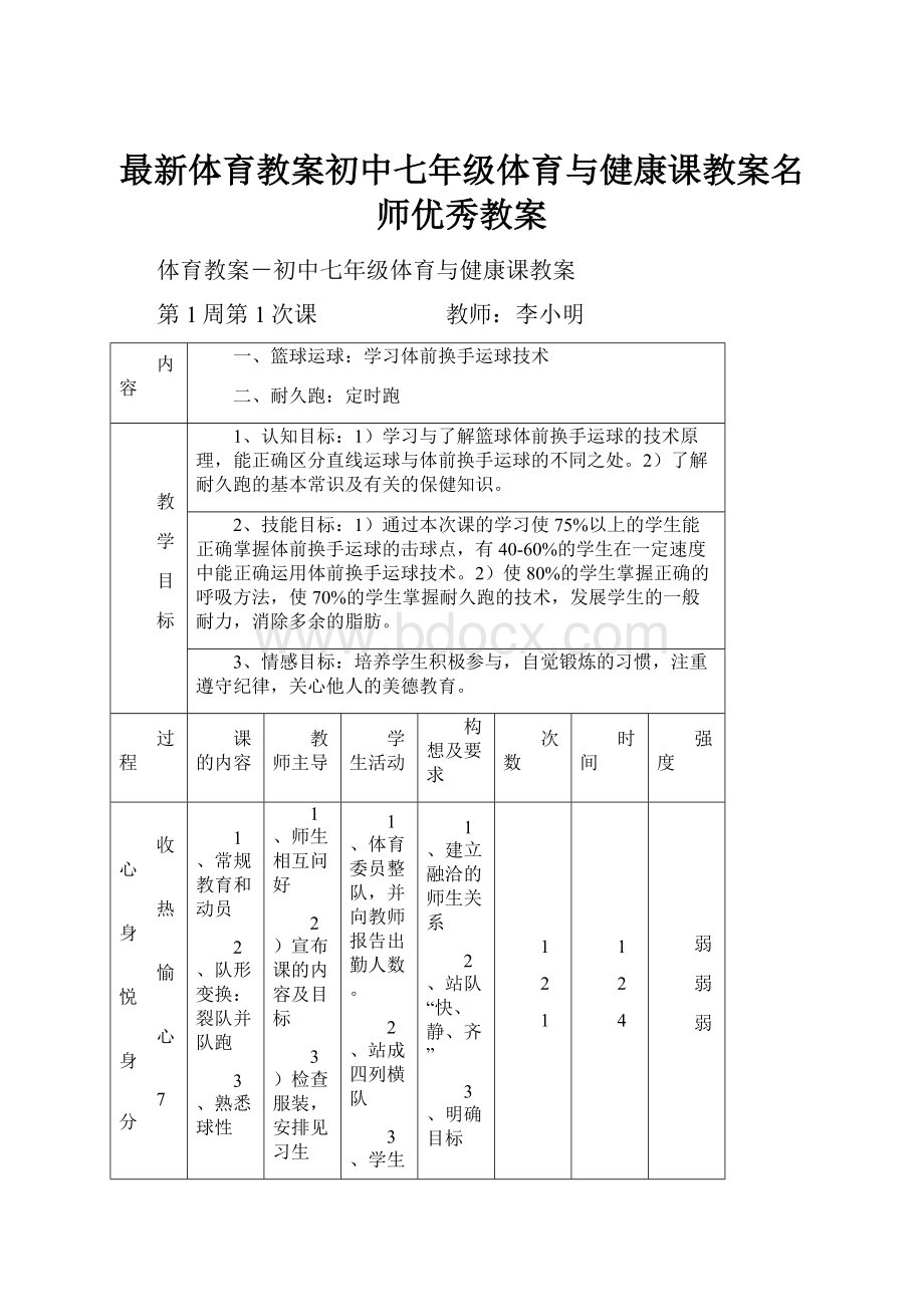 最新体育教案初中七年级体育与健康课教案名师优秀教案.docx_第1页