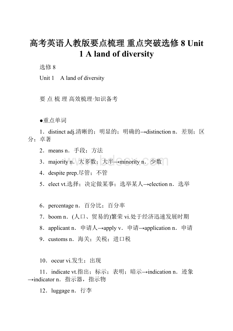 高考英语人教版要点梳理 重点突破选修8 Unit 1 A land of diversity.docx_第1页