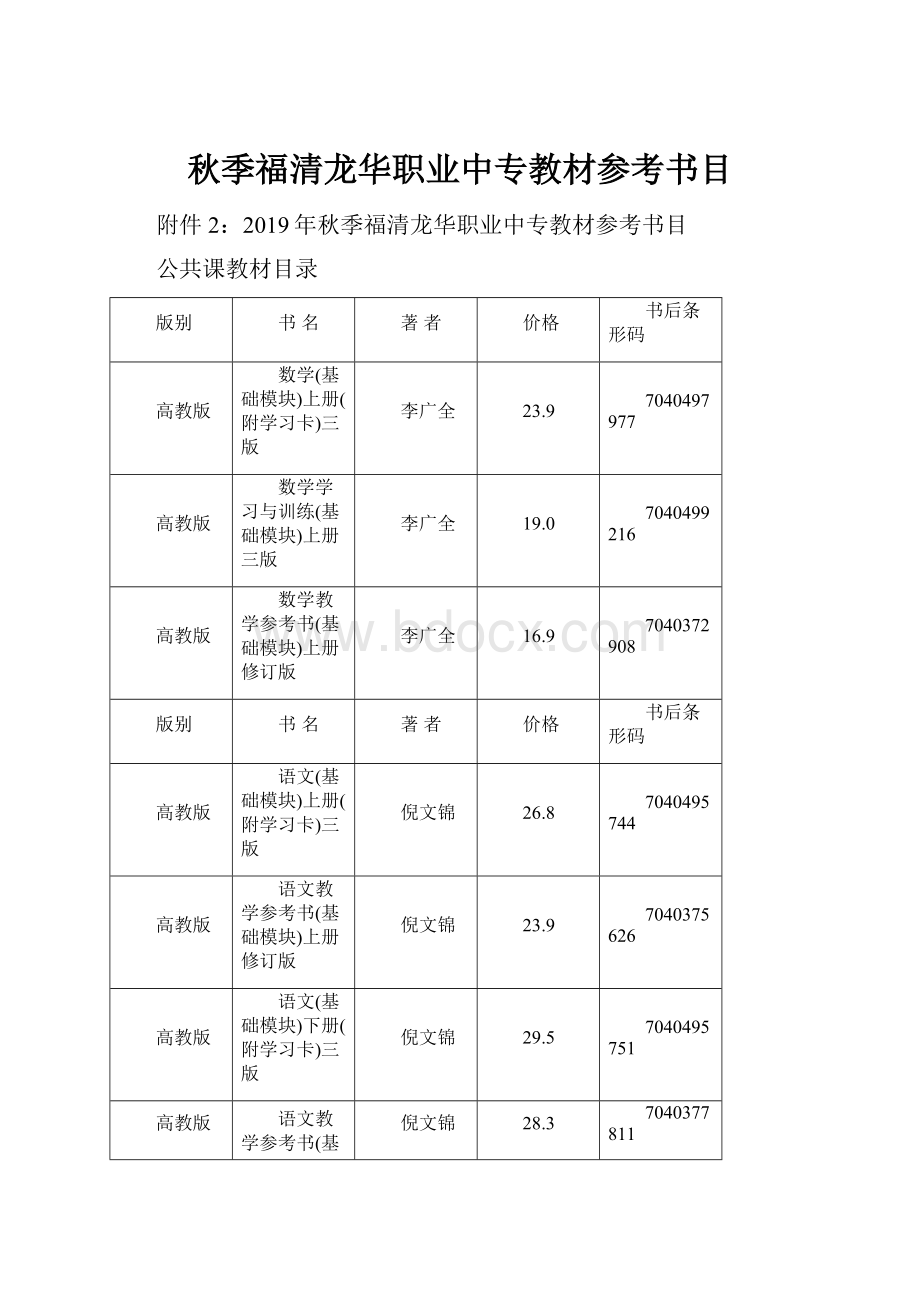 秋季福清龙华职业中专教材参考书目.docx